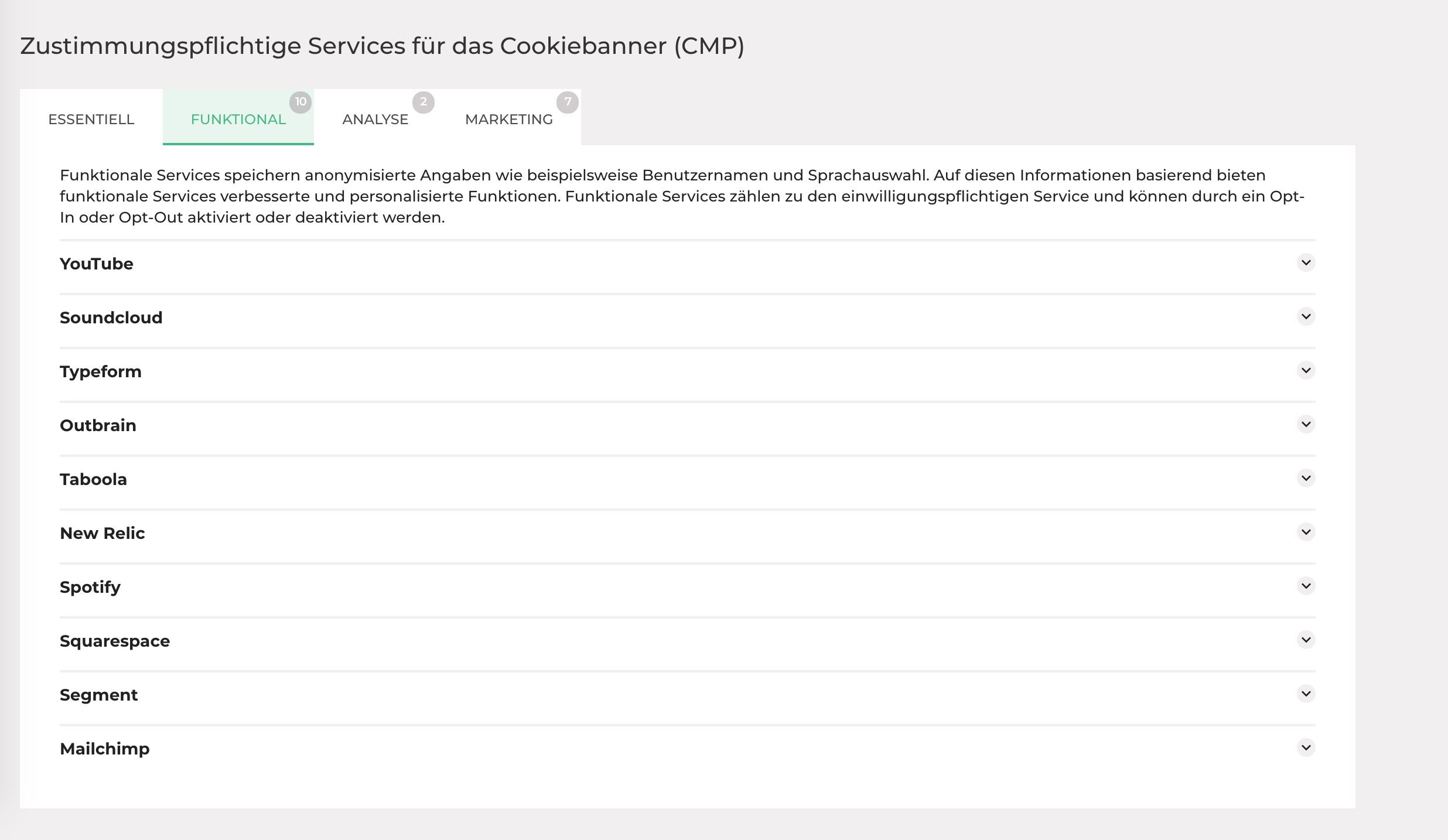 Cookie Kategorien Zustimmungspflichtige Services für das Cookiebanner